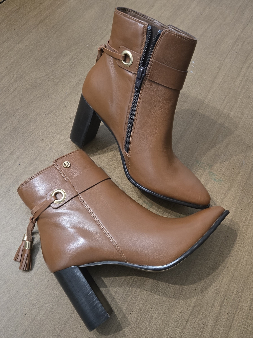 Women’s Brown Leather Ankle Boots with Block Heel and Tassel